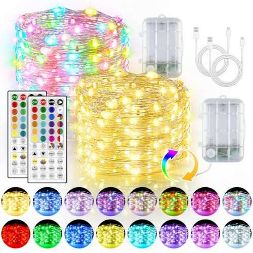 LED Lichterkette Außen Batterie & USB, RGB & Warmweiß LEDs Lichterkette mit Batterie, 5M 50 LED Fairy Lights mit Fernbedienung, Lichterkette Draht Batteriebetrieben für Schlafzimmer Party 2 Stück