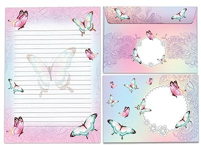 Briefpapier-Set A5 Briefblock mit Umschlag für Mädchen Kinder Schmetterlinge Blumen (Block A5 mit 25 Blätter + 15 Umschläge)