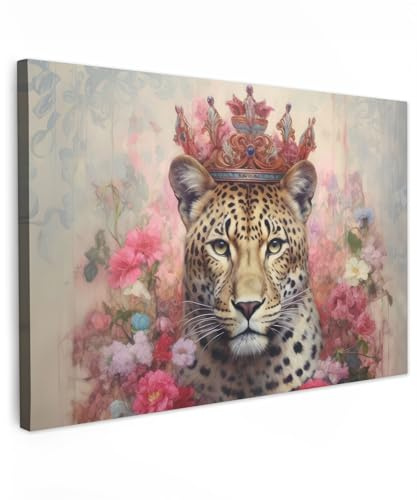 MuchoWow© Cuadros para Salon Foto con Lienzo Canvas Laminas Cuadro | 120x80 cm - Dormitorio Decoracion Hogar Pared Quadro Leopardo - Flores - Fauna - Vintage