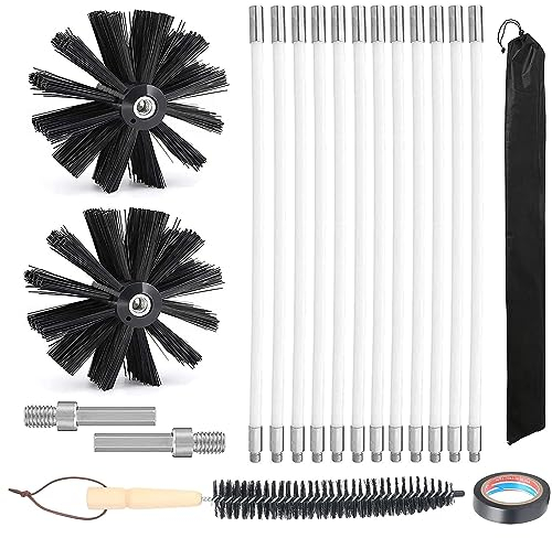 Kit de Ramonage, Kit Brosse Nettoyage Cheminée Ø200mm,Outil Nettoyage pour Cheminées avec 12 Tiges Flexibles de 410 mm et 2 TêTes de Brosse pour Cheminée,évent de Sécheuse,Tuyau d'égout,poêle à Bois