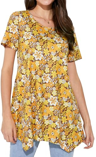 Enmain tunika toppar för kvinnor kortärmad vardaglig dam tunika blommigt tryckt långblusar t-shirt rund hals stretch bekväm S-3XL, F - Gul blomma, XL