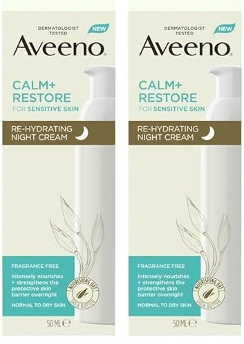 Aveeno Face CALM+RESTORE Re-Hydrating Night Cream, Intensely Nourishes, With Shea Butter & Prebiotic Oat, For Sensitive Skin, Fragrance Free, 50ml (Pack of 2)