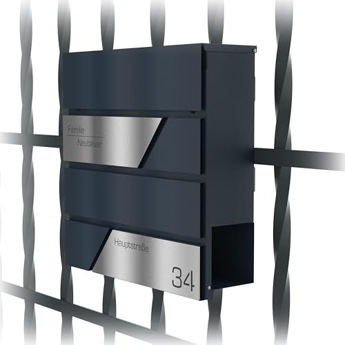 Graviers Design Cassetta delle lettere antracite RAL 7016 con supporto per recinzione – Cassetta postale personalizzata in acciaio inox incisione laser nome numero civico strada – serratura porta