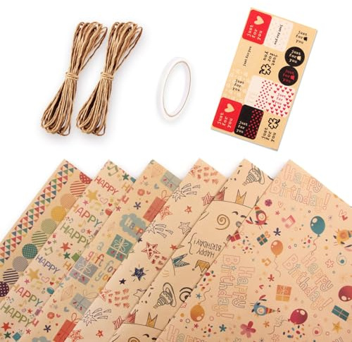 Fogli di Carta da Regalo Compleanno,6 pezzi Fogli Riciclata Carta da Imballaggio con corde di iuta,adesivi e tag per sacchetti regalo decorazione di imballaggio (70X50cm)