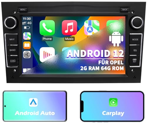 Autoradio für Opel, 2 DIN Radio, Android 12 System 2G+64GB mit Navi CarPlay Android Auto WLAN Bluetooth MirrorLink, 7 Zoll Bildschirm Double Din FM Radio Lenkradkontrolle