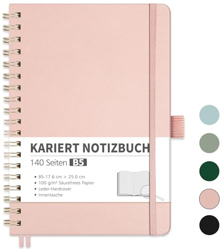 RETTACY Notizbuch B5 kariert, Bullet Journal mit 100 g/m² Dickem Papier, 70 Blatt, Collegeblock für Büro und Schule, Lederhülle, Roségold,17.6 cm x 25 cm