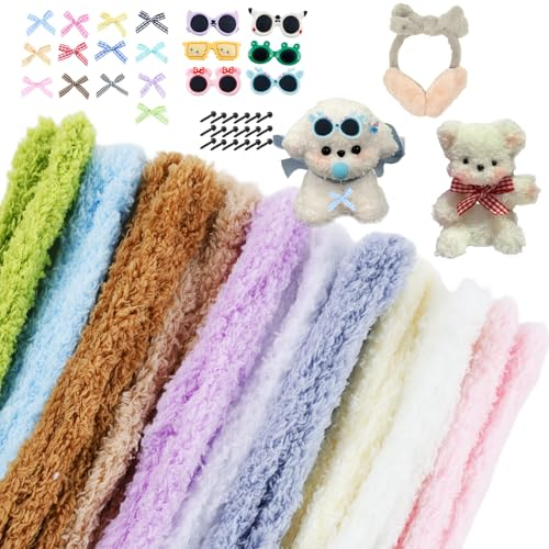 46 Stück Pfeifenputzer zum Basteln 10 Farben Pfeifenreiniger 100cm x 3cm Dicke Gelockter Plüsch Chenilledraht Basteldraht mit mini Nase Augen Schleife Gläser für Kreative DIY Projekte und Basteldeko