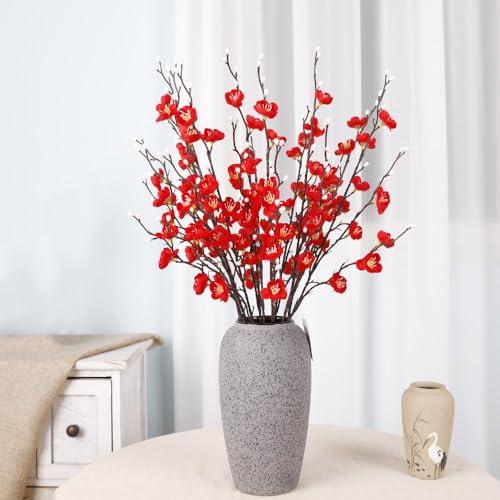 Rote künstliche Blumen, 6 Stück, künstliche Pflaumenblüten, die echt aussehen, 55 cm lang für Vase, perfekt für Heimbüro-Dekoration