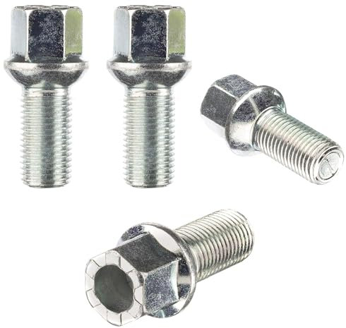 RYBO Alloy Wheel Bolts - M14 x 1.5, 27mm Thread, 17mm Hex | Replacement Bolt Kit for Audi & Volkswagen Car Models | Car Accessories (Silver, Set of 4)