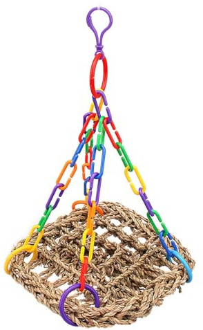 Schaukel aus Seegras, Nymphensittiche – Spielzeug Käfig für Papageien | Hängematte und Sitzstange mit Glöckchen, robustes Kauspielzeug, bunte Kette mit Kletternetz, natürliches Bereicherungsspielzeug