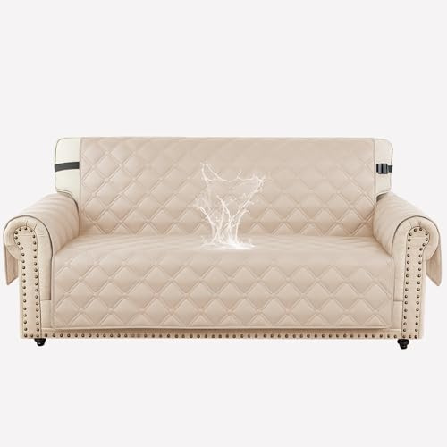 Ystyle Wasserdicht Sofa Überzug 2 Sitzer, Gesteppte Sofabezug Mit Seitentaschen, Wohnzimmer Antirutsch Waschbar Sofaschoner, Couch Überzug Kratzfest Für Haustiere Hunde Katzen, Beige
