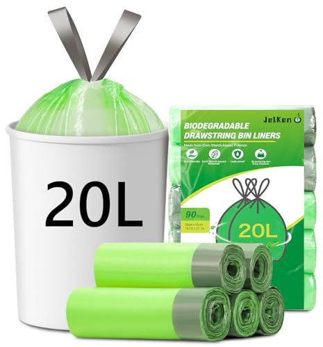 JelKen 90 Biodegradable Bin Liners 20L with Drawstring Tie Handle, Food Waste Bags Strong Trash Bags (50 x 55cm)