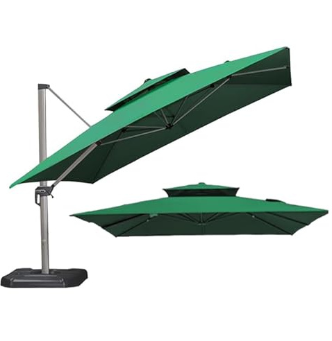 Parasol déporté carré 3,5 x 3,4 m imperméable pour terrasse, jardin, cour, auvent vert foncé, protection UV et design élégant