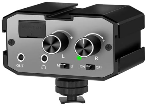 Fangxuee DSLR Camera Audio Mixer Adapter with Real-Time Monitoring 3.5mm Port Dual Channels Microphone