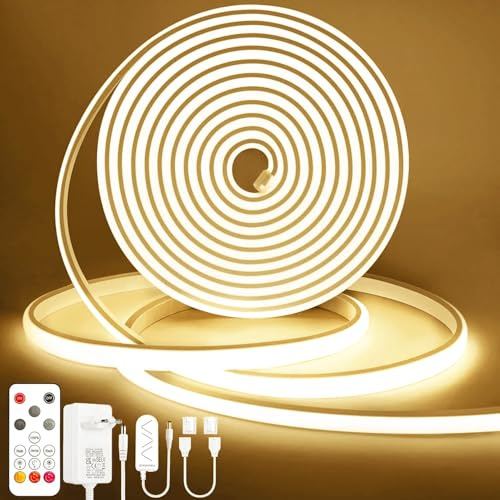 Lamomo COB LED Streifen 10m,Naturweiß Dimmbar Neon Leiste mit Fernbedienung | Wasserdicht 4000K Strip, Schnellverbindern, Selbstklebend 10mm Breit, Silikon Flexibel für Schlafzimmer Küche Deko, CRI90+