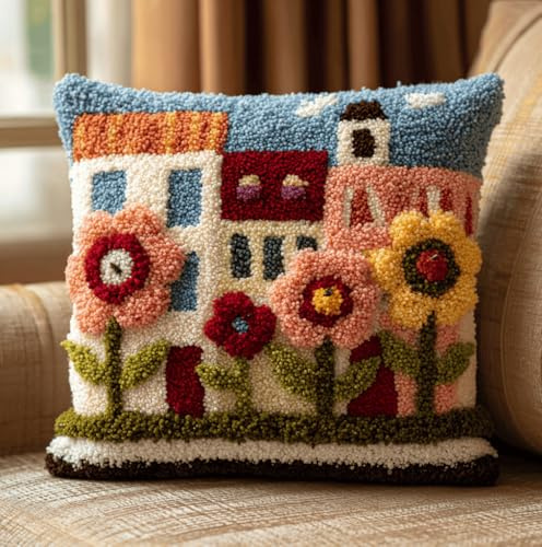 XvvwEndlessx Knüpfkissen Set Zum Selber Knüpfen Blume Für Erwachsene Und Anfänger,Diy Kissenbezug Mit Knüpfhaken-Set Latch Hook Cushion Kit,Kreatives Basteln Ideal Für Home Decor 43X43Cm