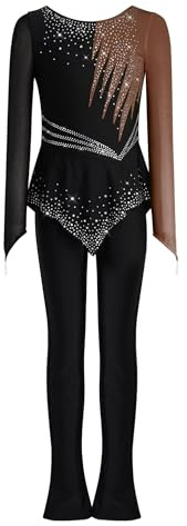 Nyeemya Ganzkörperanzug Mädchen Turnen Kinder Lang Voltigieranzug Strass Glitzer Tanzanzug Farbblock Patchwork Tanzoverall Jumpsuit Mit Rock Eislaufkostüm