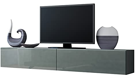 Mirjan24 TV Schrank Vigo, Fernsehschrank, TV Lowboard mit Grifflose Öffnen, Hängeschrank Hochglanz Matt Wohnwand (Länge: 180 cm, Grau/Grau Hochglanz)