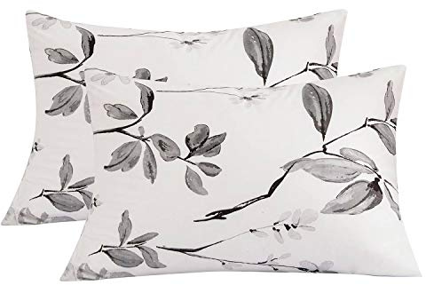 NANKO Queen Pillow Case Set (2 Pack), White Floral Printed Pattern Pillowcases/Pillow Shams for Modern Duvet Cover/Bed Sheets Set- 20x30 inch Standard, Grey Flower Leaf