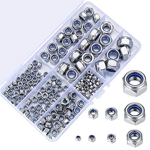 200 Pezzi Assortimento Dadi di Bloccaggio, Dadi di Sicurezza Autobloccanti Acciaio Inossidabile, Dadi Esagonali, Inserti Filettati M3 M4 M5 M6 M8 M10 M12, Dado di Bloccaggio in Nylon