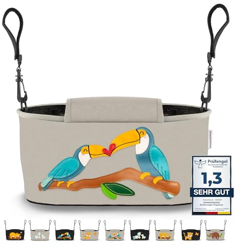 GRINSEZWERGE Kinderwagen Organizer 12 Motive mit Feuchttuchspender I Kinderwagen Tasche mit Schultergurt I Kinder Buggy Organizer I Kinderwagentasche Aufbewahrungstasche Baby Stroller Bag grau Tukan