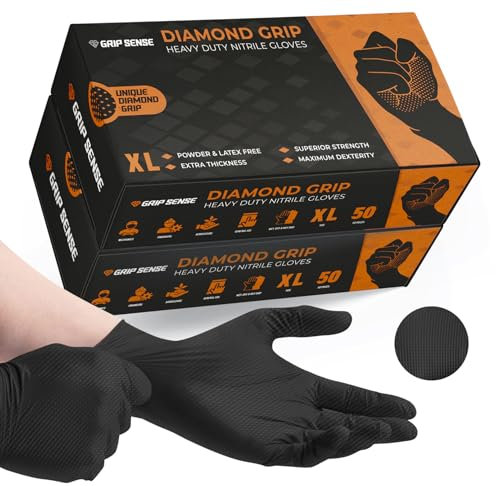 GripSense Nitrile Gloves (2 Packs of 50) - High Density Diamond Grip Black Gloves - Latex & Powder Free Black Nitrile Gloves X Large - Mechanic Gloves Extra Thick & Super Strong - Max Dexterity L5