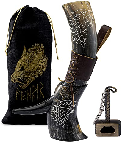 FENRIR Viking Drinking Real Horn with Leather Brown Holster Opener Wolf for Ale Mead Gift for Men and Women 100% Authentic Medieval Norse Horn (Size 15-18 Oz) Natural Shine Finished