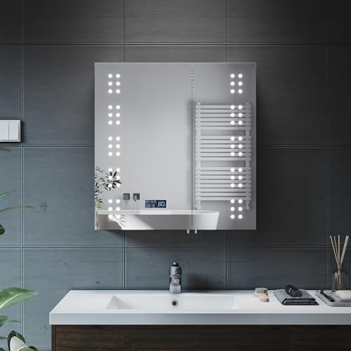 ELEGANT Illuminated Bathroom Mirror Cabinet with Bluetooth Speaker Stainless Steel 2 Door 630 x 650mm Shaver Socket Bathroom Wall Cabinets with Dimmable Brightness and Demister Pad