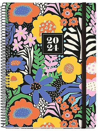 Miquelrius - Jahresplaner 2024, Wochenansicht, Plus Größe 155 x 213 mm (ähnlich A5), Hardcover, Spiralbindung, Gummiband, Spanisch, Englisch und Portugiesisch, Blumengarten