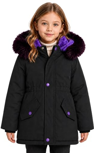 SEAUR Vinterjacka Barn Medium Lång Dunjacka Tjock Varm Parka med Huva Avtagbar Huva/Huva Skidkläder Flickor 1–15 år, Svart 2 (stil 2), 11-12 �r