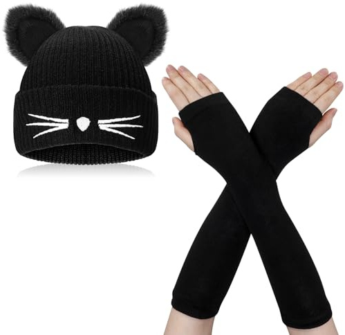 FRIUSATE Women's Cat ERAS Crochet Knitted Winter Warm Ski Slouchy Beanie Hat with Long Fingerless Gloves Black
