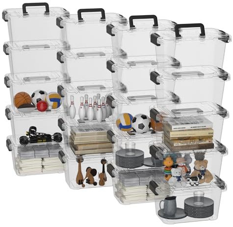 Cetomo Confezione da 20 scatole portaoggetti con coperchi e manico, per casa, dormitorio, ufficio, contenitori impilabili, in plastica, trasparenti, confezione da 20