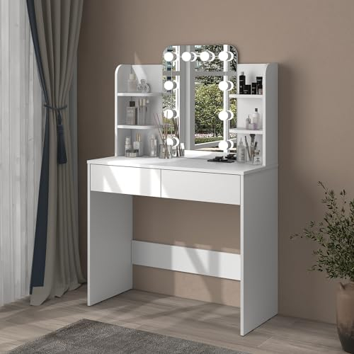 Panana Schminktisch mit LED-Lichtspiegel Kosmetiktisch Frisiertisch mit 4 Regalen und 2 Schubladen (weiß)