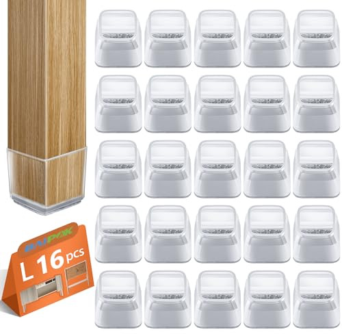 16 Pezzi Feltrini per Sedie Quadrati, BAIPOK Tappi per sedie in Trasparente Piccolo, Gommini in Silicone con Feltro, Proteggi Gambe per Mobili(Fit:32-40mm)