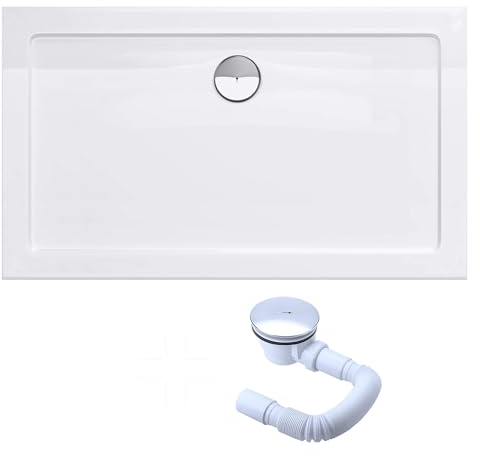 doporro Duschtasse Duschwanne 75x120x4 flach inkl. Ablaufgarnitur AL01 aus Acryl in Weiß DIN-Anschlüsse für bodenebene Montage geeignet Faro2