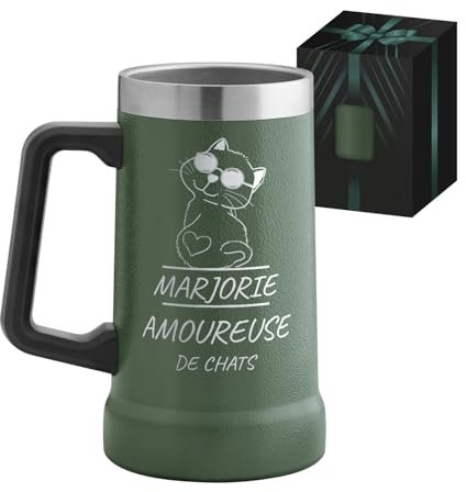 Maverton Mug Isotherme Personnalisable Vert 700 ml - Verre a Biere en Acier Inoxydable avec Anse - Idee Cadeau Femme, Cadeau Personnalisé pour elle avec prénom et texte gravé Amoureuse de chats