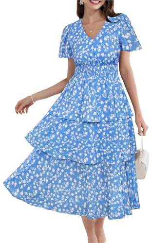 GRACE KARIN 2024 Vestido de verano para mujer con escote en V, manga corta, estampado floral, casual, para la playa, maxi, elegante, línea A, vestido de ocio, vestido de vacaciones, vestido de novia