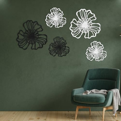 Fyeme 5 Stück Wanddeko Metall Boho Design mit Anschließen 2 Größen Doppelschichtiges Struktur 3D Stereo Dekoration für Wohnzimmer Schlafzimmer Esszimmer Büro (Schwarz+Weiß)