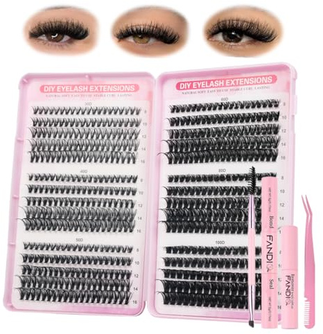 FANDIQ Kit de extensiones de pestañas individuales de 570 piezas, rizos D, 8-16 mm, kit de extensión de pestañas con unión de pestañas y pinzas removedoras, cepillo de doble extremo (A01)