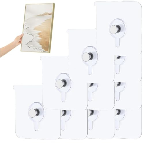 10PCS Picture Hooks - Self-Adhesive Wall Hooks - No-Nail Sticky Hangers - Waterproof Poster Frame Hooks for Glass Tile Bathroom Kitchen - Transparent (6×6cm)