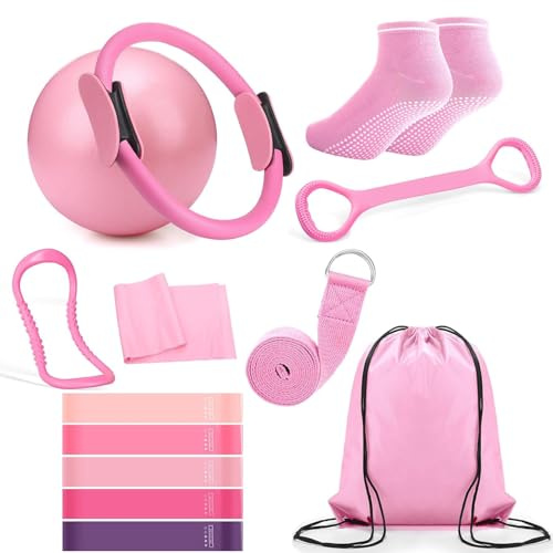 Twshiny Pilates Kit, 13Pcs Pilates Circle with Yoga Ring & Band, Socks, Body Trimmer, Waist & Ab Shaper Workout Equipment for Home Gym Toning, Strength & Flexibility (Pink)