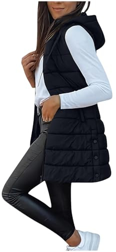 Women's Quilted Waistcoat - Sleeveless Puffer Jacket Stand Collar Hooded Winter Coat Ladies Body Warmer Zipper Slit Hem Gilet Casual Sport Outerwear