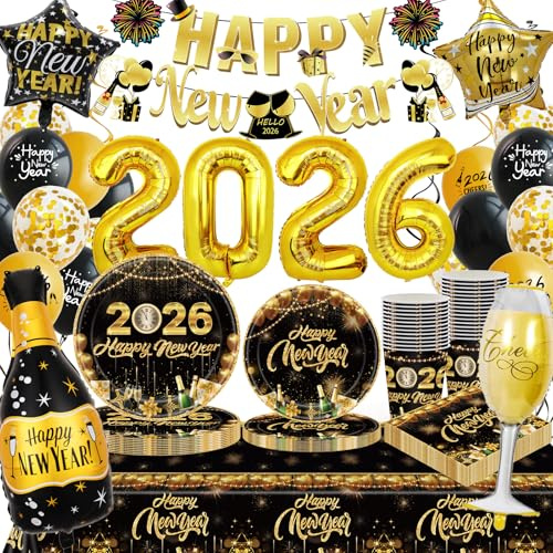 Decoracion Nochevieja 2026 XXL Set, Juego de Vajilla de Feliz Año Nuevo, Decoraciones de Feliz Año Nuevo 2026, Fiesta Fin de Año 2026, Kit de globos, Banner, Platos y Servilletas,