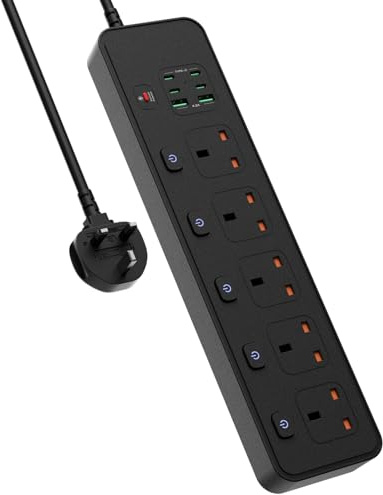 Extension Lead with USB Slots, 5 Way Sockets Outlets with 4 USB-C Ports and 2 USB-A Ports, 3250W Individual Switches 1.8M Extension Cable with Overload Protected Power Strips, UK Plug Adapter