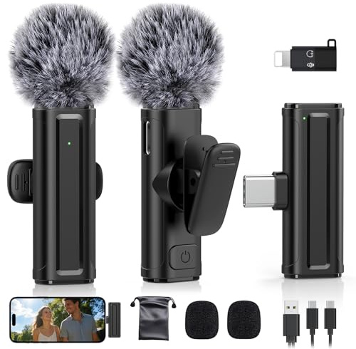 Wireless Mini Microphone for iPhone, iPad, Android Phone, 2 Pack Lavalier Mic with 360° Rotatable Clip, Plug and Play Noise Reduction USB-C Lapel Mic for Video Recording YouTube Content Creators