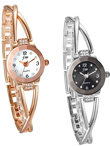 JewelryWe 2pcs Damen Armbanduhr, Elegant Kreuzung Armband Design mit Strass mit Digital Zifferblatt Spangenuhr, Legierung, Silber Rosegold