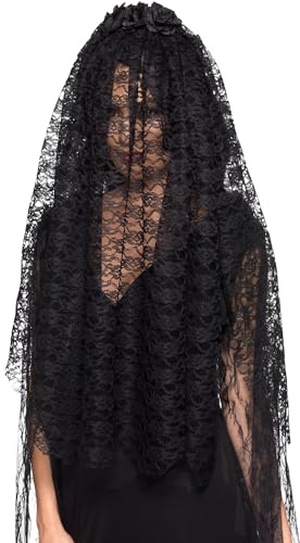 Smiffys Schwarze-Witwe-Schleier, Schwarz, Mit Blumen Halloween