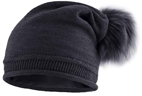 Neverless® außergewöhnliche Damen Strickmütze mit Fell-Bommel, Strick-Beanie dunkelgrau