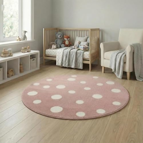 Jimri Kinderteppich DOTS l Pünktchen Gepunktet l Öko-Tex Siegel | Farbe: Beige Blau Rosa | Kinderzimmer/Jugendzimmer
