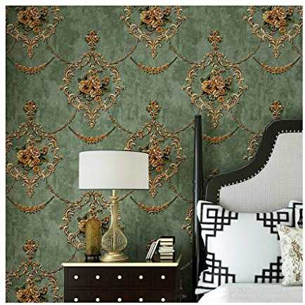 JLWM Tapete Barock Vlies, Vliestapete Barocktapete 3d Linderung Amerikanisch Vintage Pastoral Europäischer Stil Luxuriös-Grün-0.53x10m